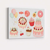 Pink Birthday Cake Cupcake Sweet Treat Collection Illustration Canvas Wall Art Print Decor Picture Ready to Hang