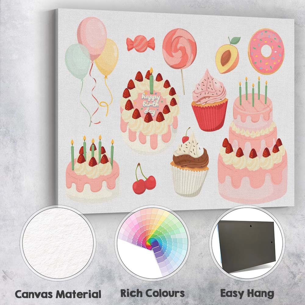 Pink Birthday Cake Cupcake Sweet Treat Collection Illustration Canvas Wall Art Print Decor Picture Ready to Hang