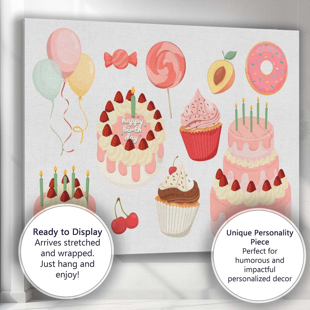 Pink Birthday Cake Cupcake Sweet Treat Collection Illustration Canvas Wall Art Print Decor Picture Ready to Hang
