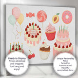 Pink Birthday Cake Cupcake Sweet Treat Collection Illustration Canvas Wall Art Print Decor Picture Ready to Hang