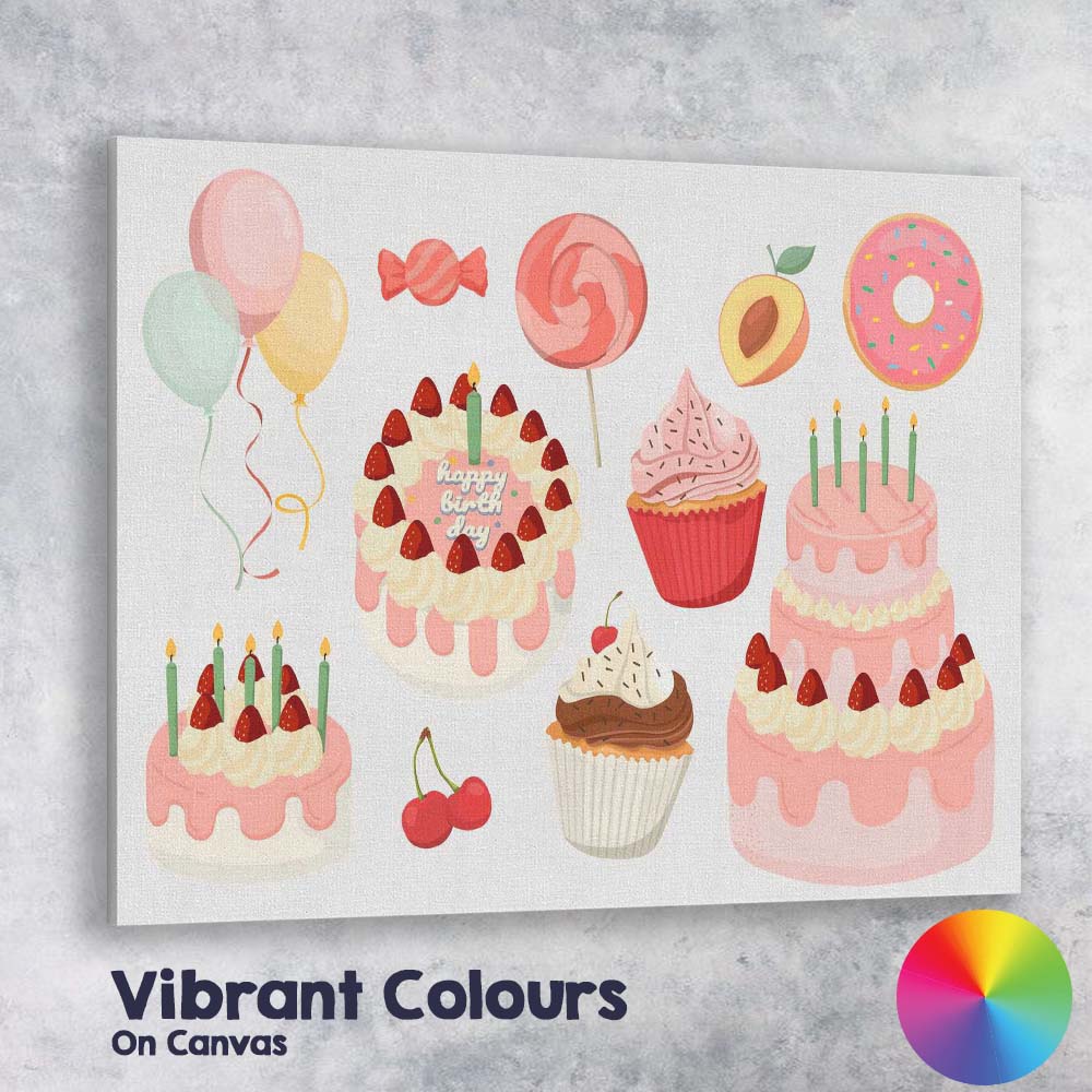 Pink Birthday Cake Cupcake Sweet Treat Collection Illustration Canvas Wall Art Print Decor Picture Ready to Hang