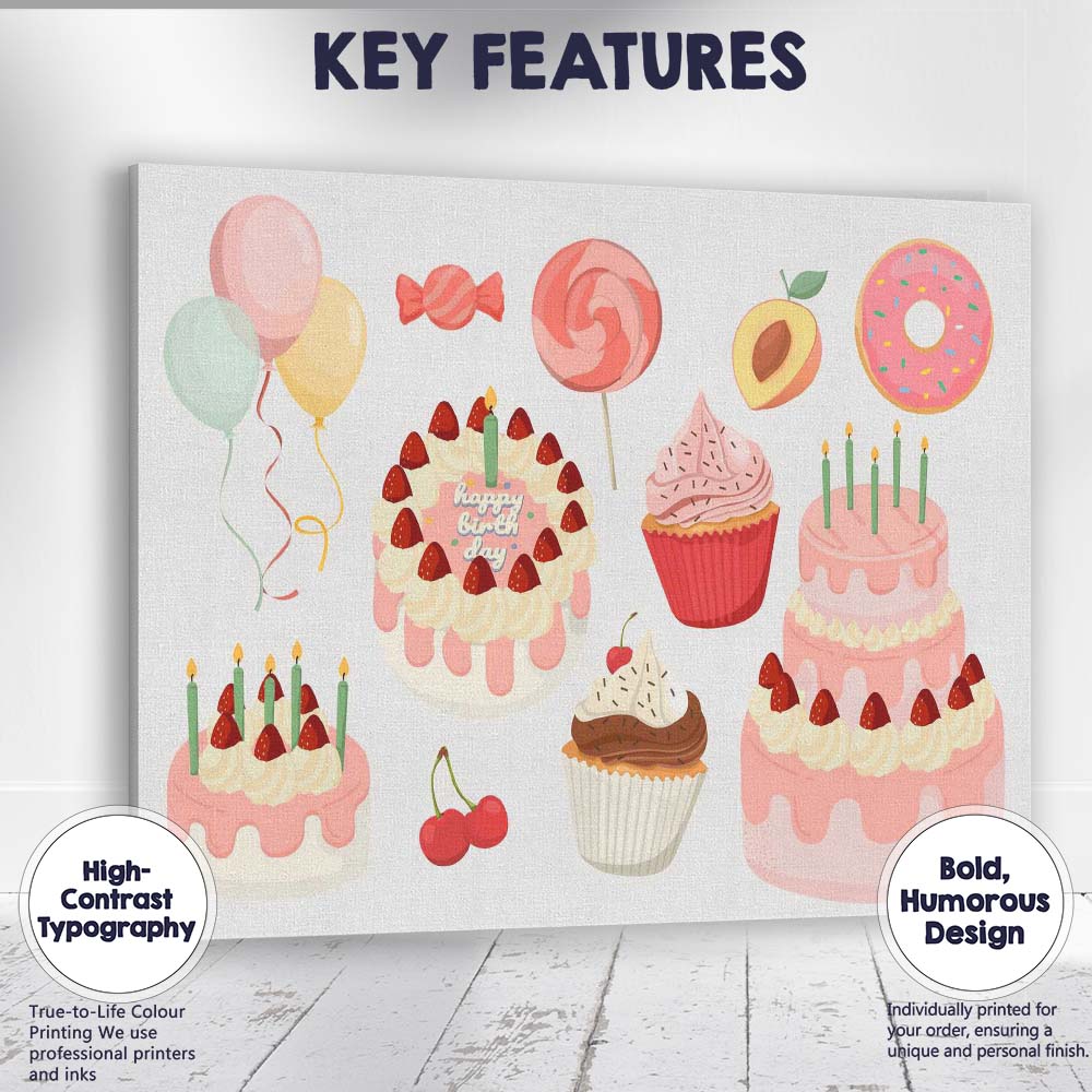 Pink Birthday Cake Cupcake Sweet Treat Collection Illustration Canvas Wall Art Print Decor Picture Ready to Hang