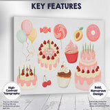 Pink Birthday Cake Cupcake Sweet Treat Collection Illustration Canvas Wall Art Print Decor Picture Ready to Hang
