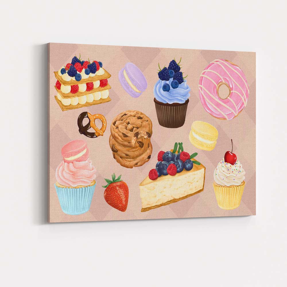 Assorted Sweet Desserts Bakery Treats Watercolour Collection Canvas Wall Art Print Decor Picture Ready to Hang