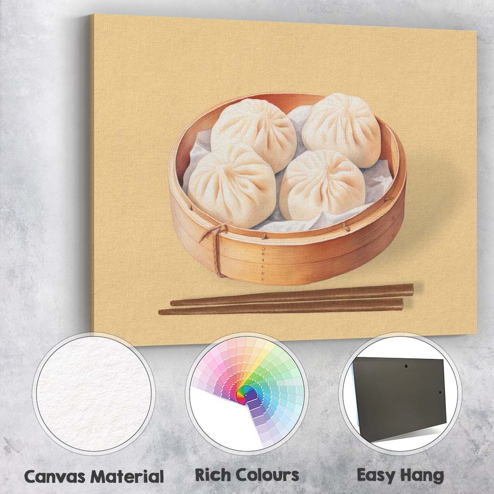 Traditional Steamed Bao Dumplings Bamboo Basket Watercolour Canvas Wall Art Print Decor Picture Ready to Hang