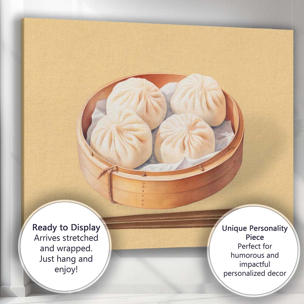 Traditional Steamed Bao Dumplings Bamboo Basket Watercolour Canvas Wall Art Print Decor Picture Ready to Hang