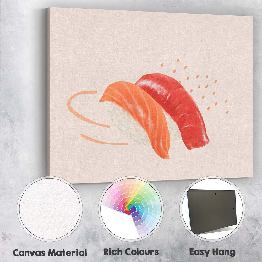 Salmon and Tuna Nigiri Sushi Minimalist Food Illustration Canvas Wall Art Print Decor Picture Ready to Hang