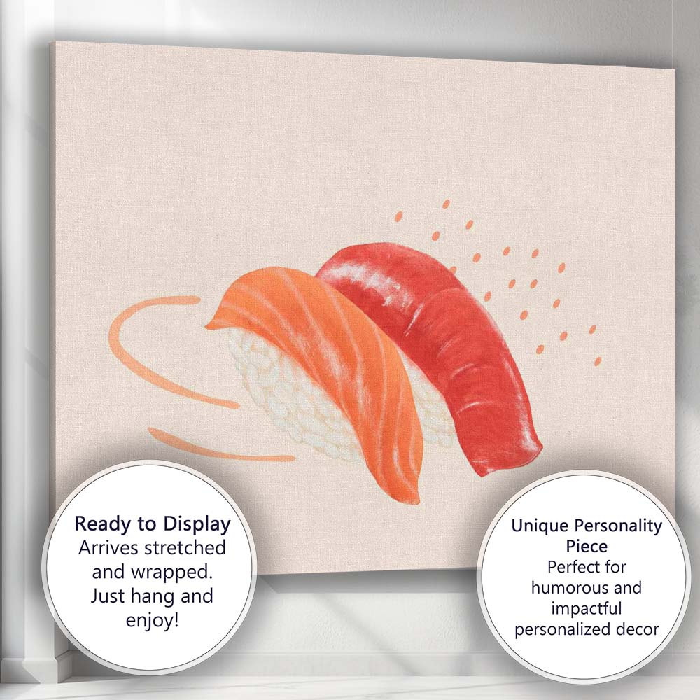 Salmon and Tuna Nigiri Sushi Minimalist Food Illustration Canvas Wall Art Print Decor Picture Ready to Hang