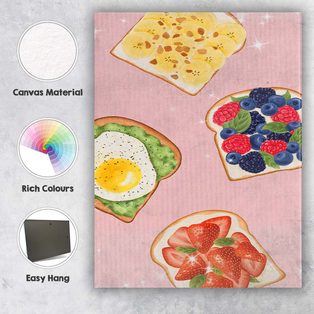 Colourful Gourmet Toast Selection Breakfast Watercolour Illustration Canvas Wall Art Print Decor Picture Ready to Hang
