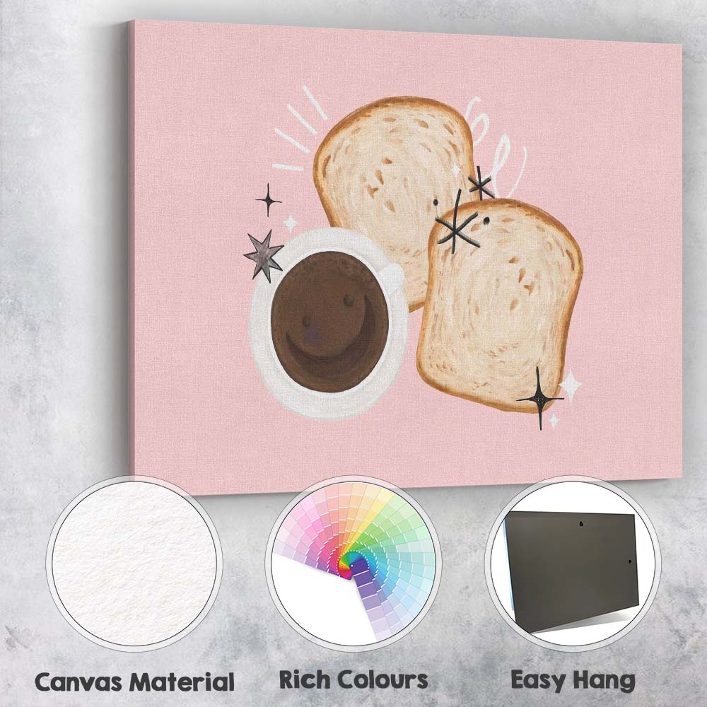 Cute Coffee and Toast Breakfast Illustration Pink Kitchen Canvas Wall Art Print Decor Picture Ready to Hang