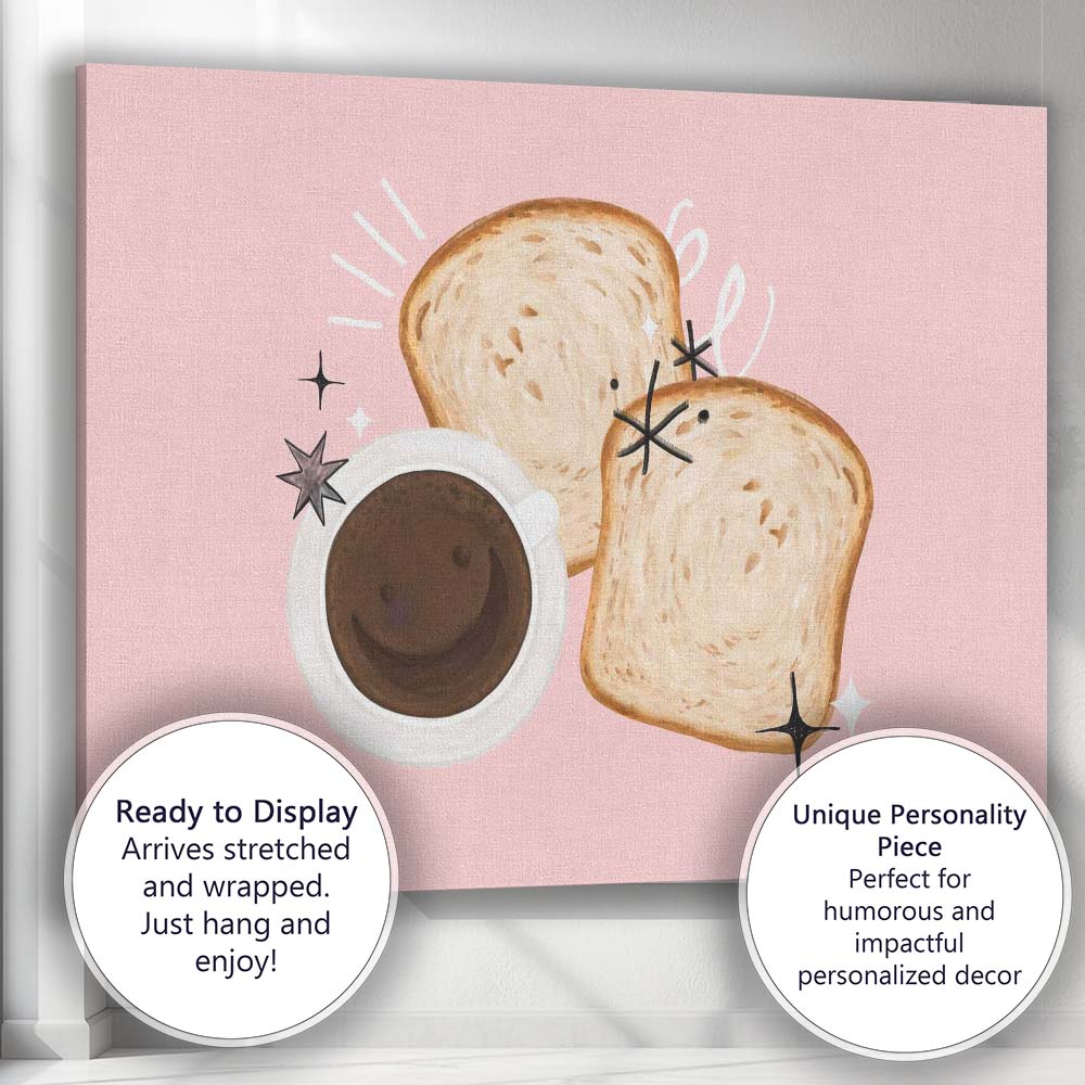 Cute Coffee and Toast Breakfast Illustration Pink Kitchen Canvas Wall Art Print Decor Picture Ready to Hang