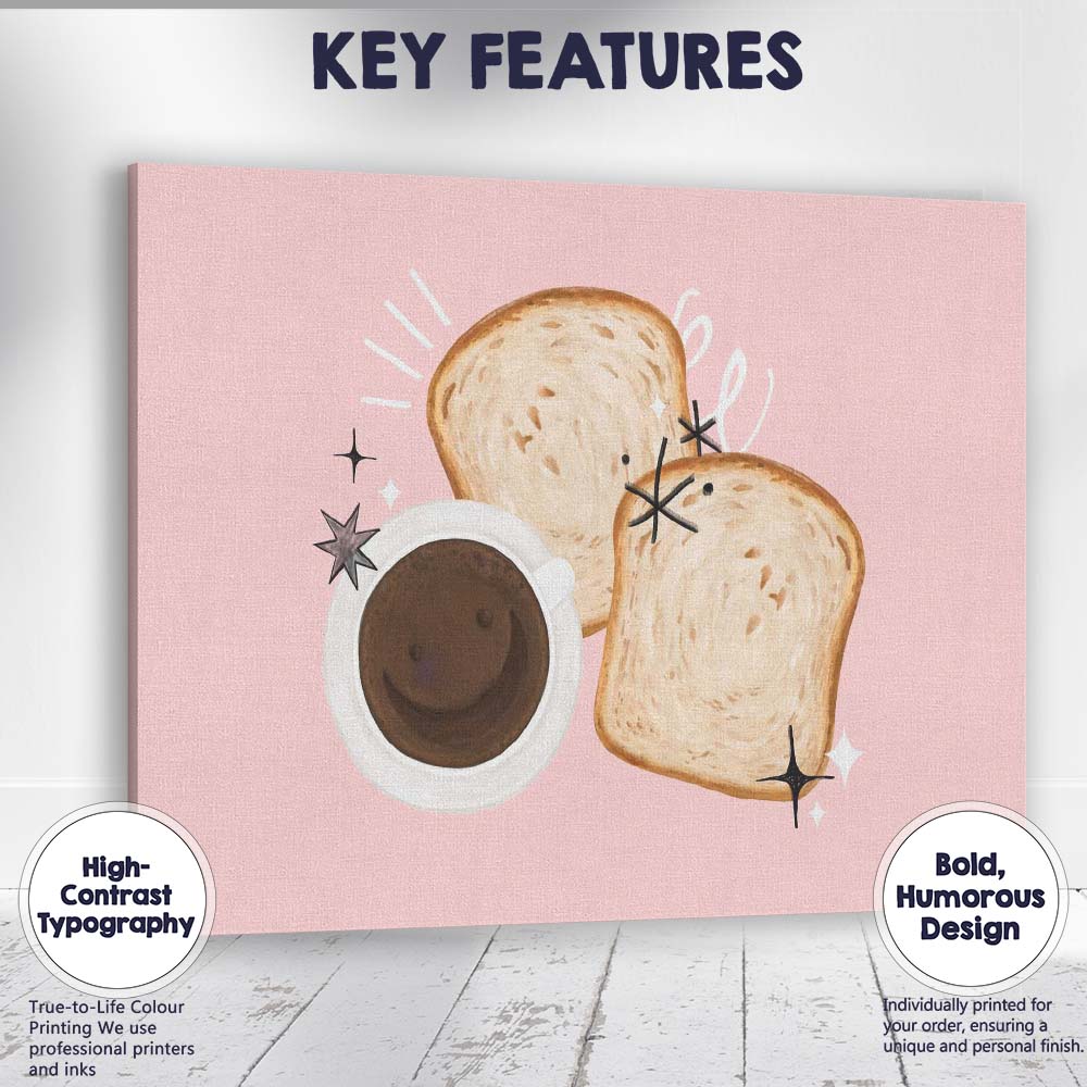 Cute Coffee and Toast Breakfast Illustration Pink Kitchen Canvas Wall Art Print Decor Picture Ready to Hang