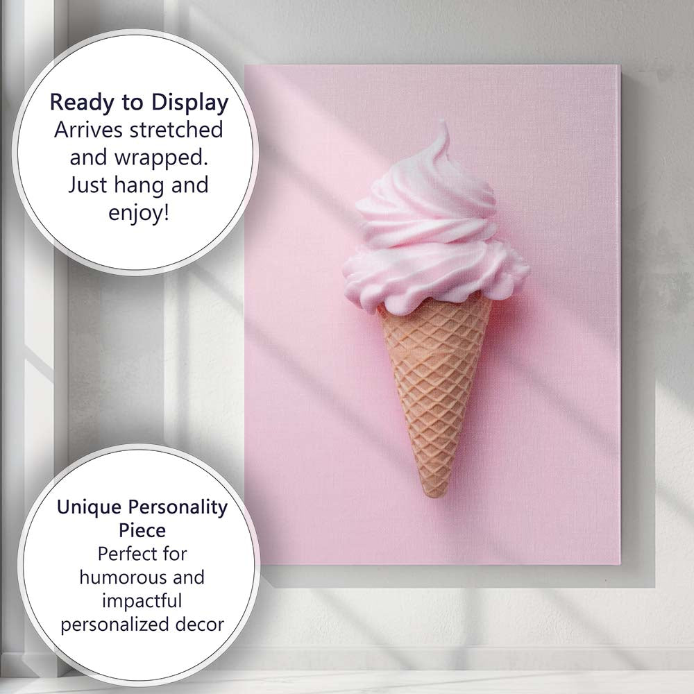 Pastel Pink Soft Serve Ice Cream Cone Minimalist Dessert Canvas Wall Art Print Decor Picture Ready to Hang