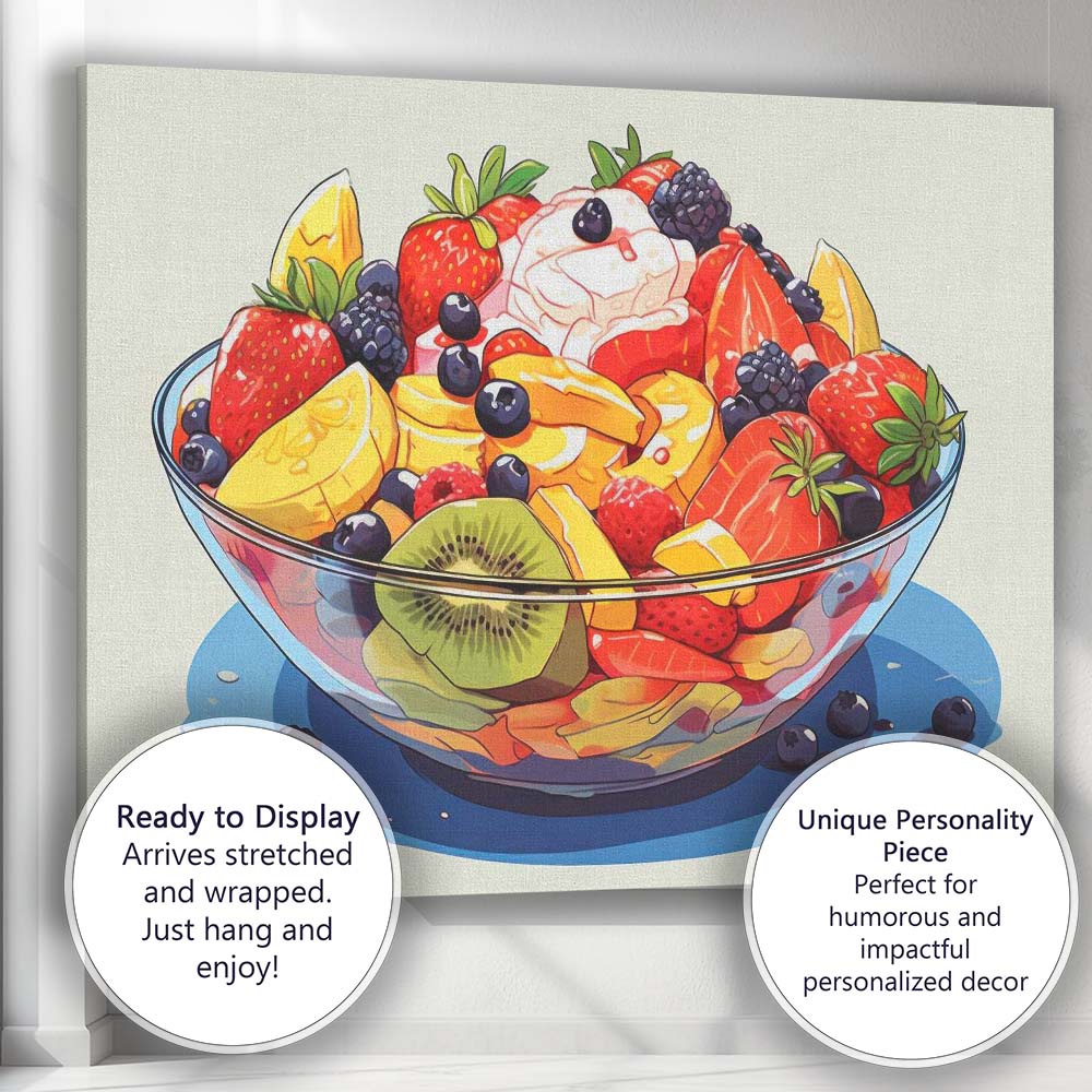 Fresh Mixed Fruit Salad Bowl Colourful Food Illustration Canvas Wall Art Print Decor Picture Ready to Hang
