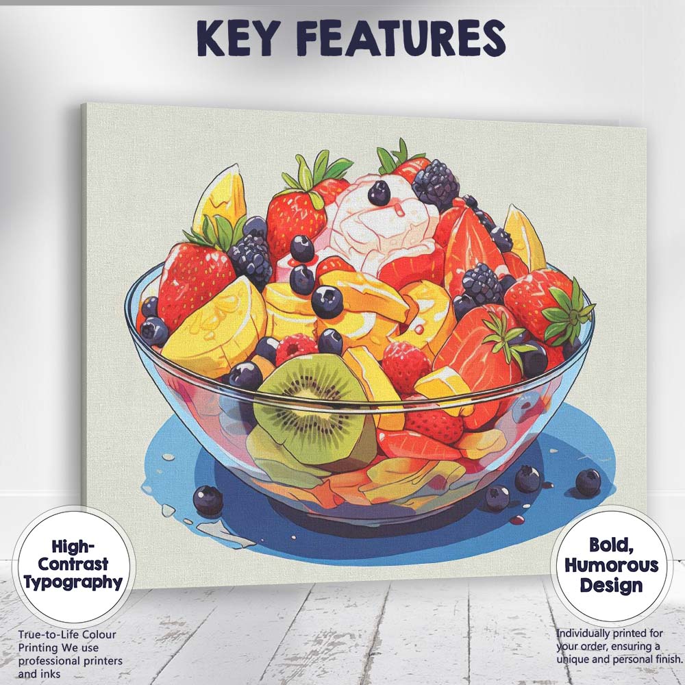 Fresh Mixed Fruit Salad Bowl Colourful Food Illustration Canvas Wall Art Print Decor Picture Ready to Hang