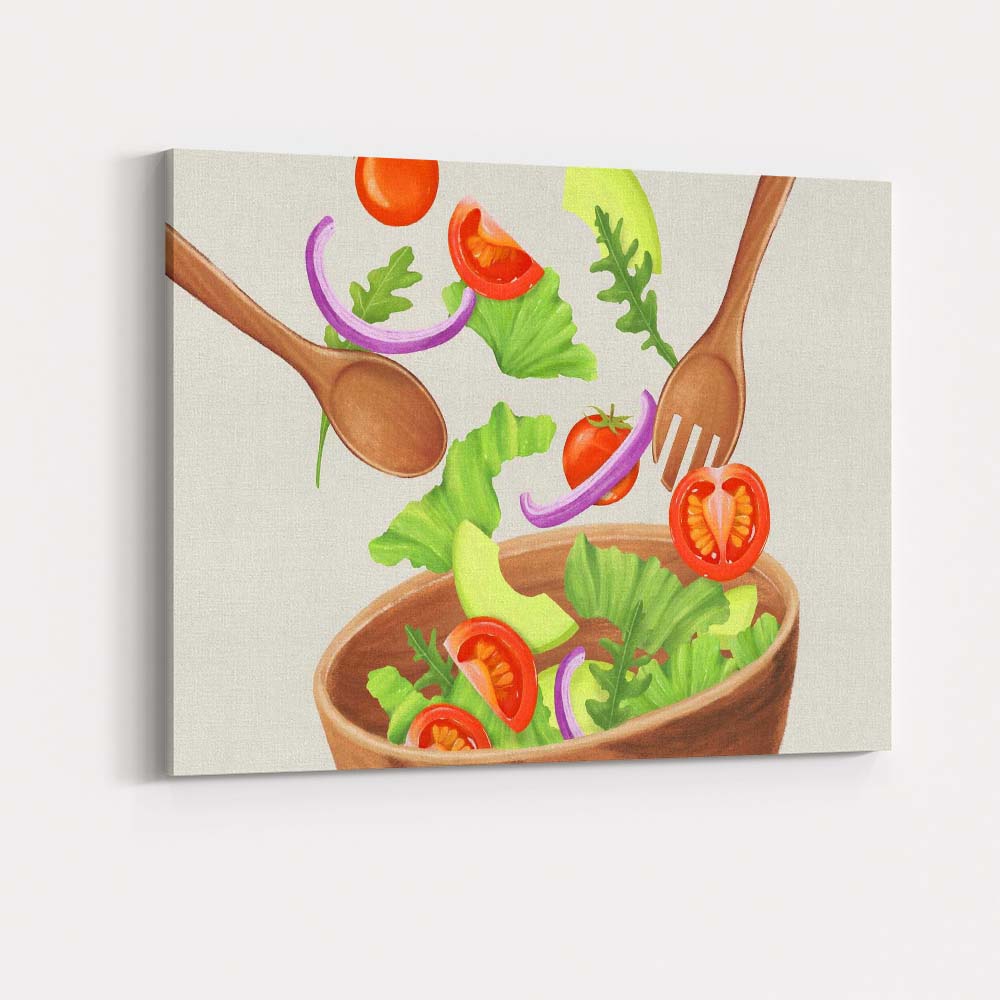 Fresh Garden Salad Bowl Watercolour Illustration Canvas Wall Art Print Decor Picture Ready to Hang