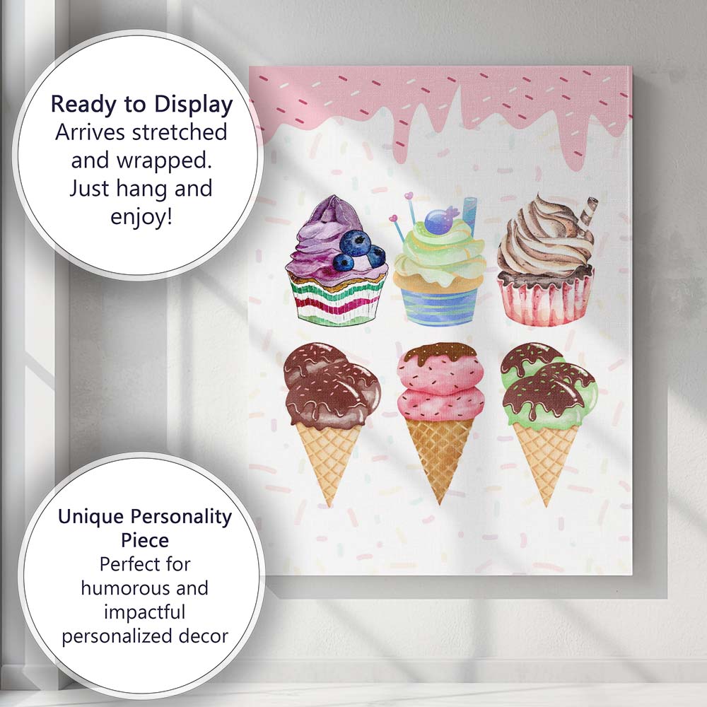 Watercolour Cupcakes Ice Cream Cones Sweet Dessert Collection Canvas Wall Art Print Decor Picture Ready to Hang