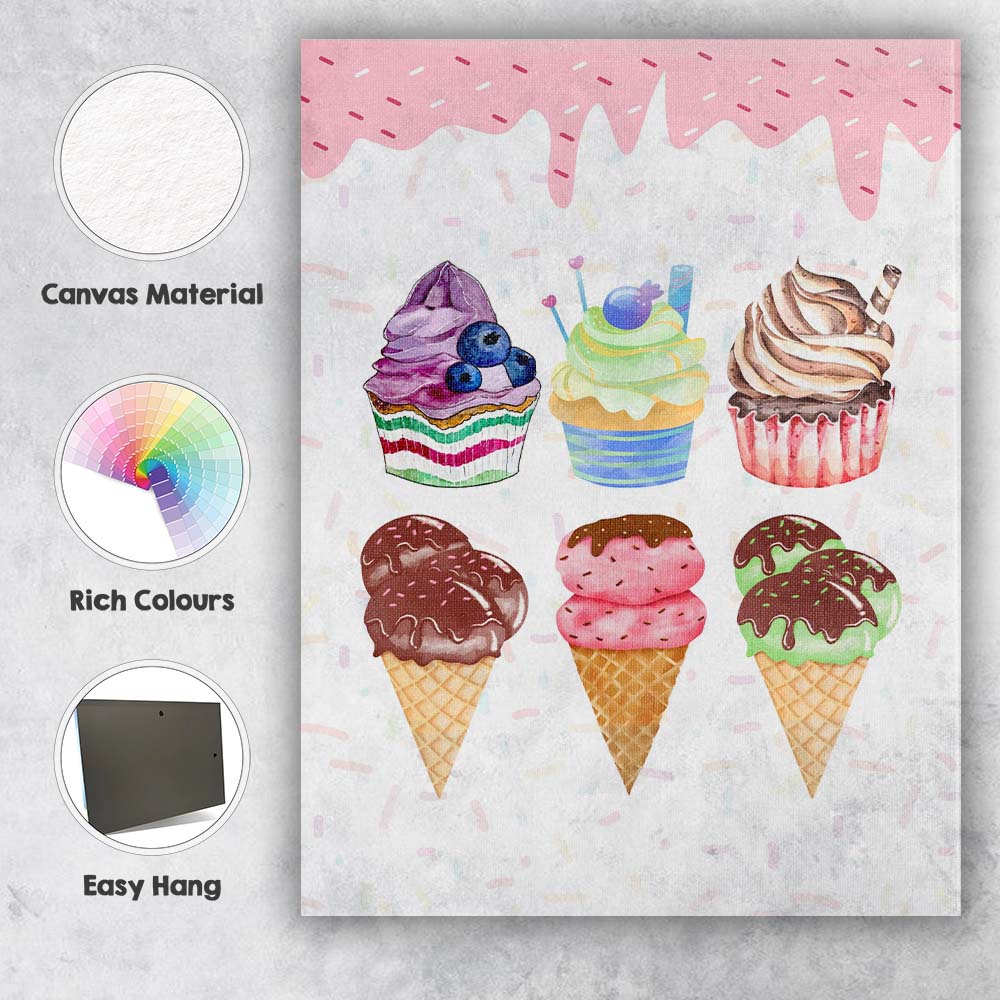 Watercolour Cupcakes Ice Cream Cones Sweet Dessert Collection Canvas Wall Art Print Decor Picture Ready to Hang