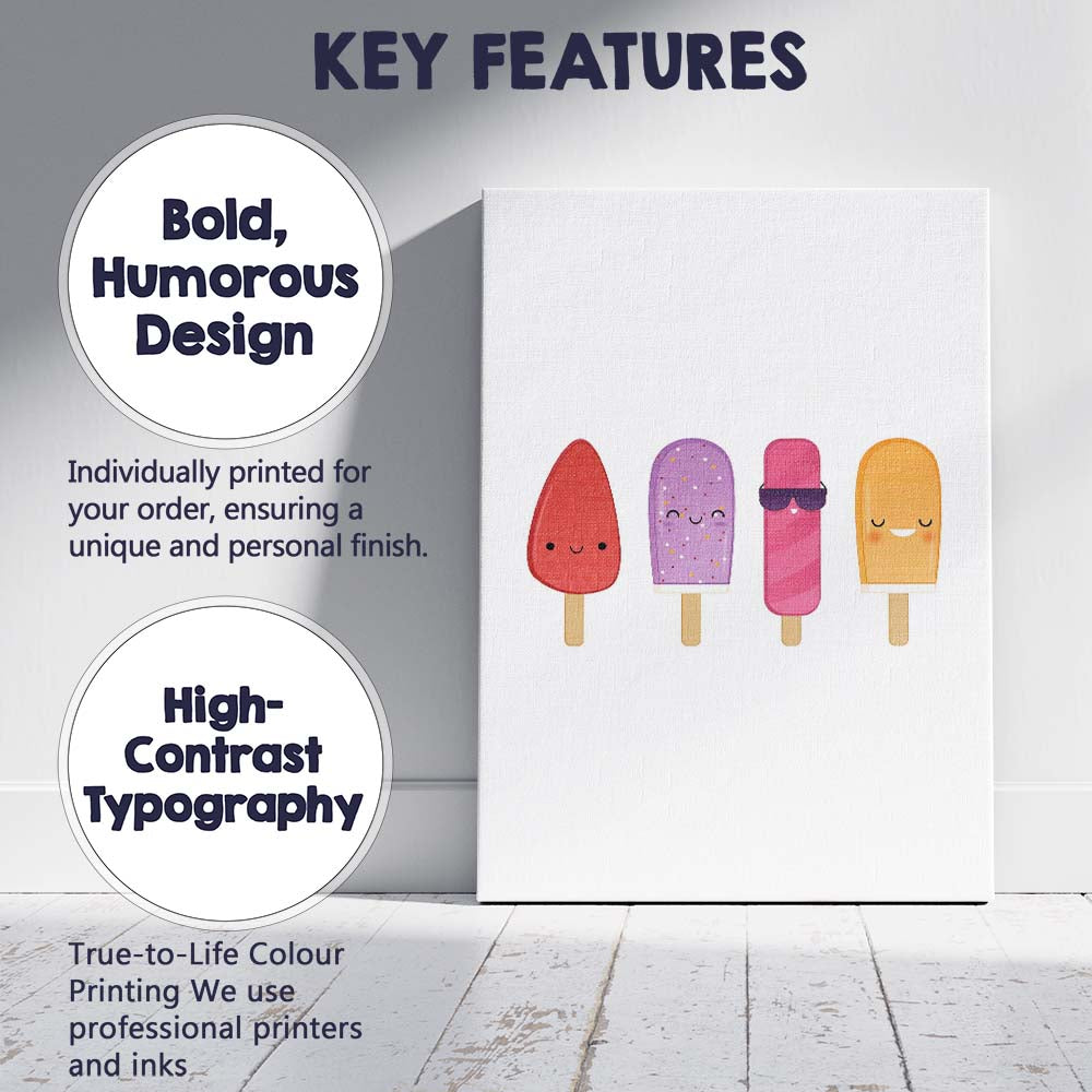 Cute Colourful Kawaii Ice Lolly Cartoon Illustration Canvas Wall Art Print Decor Picture Ready to Hang