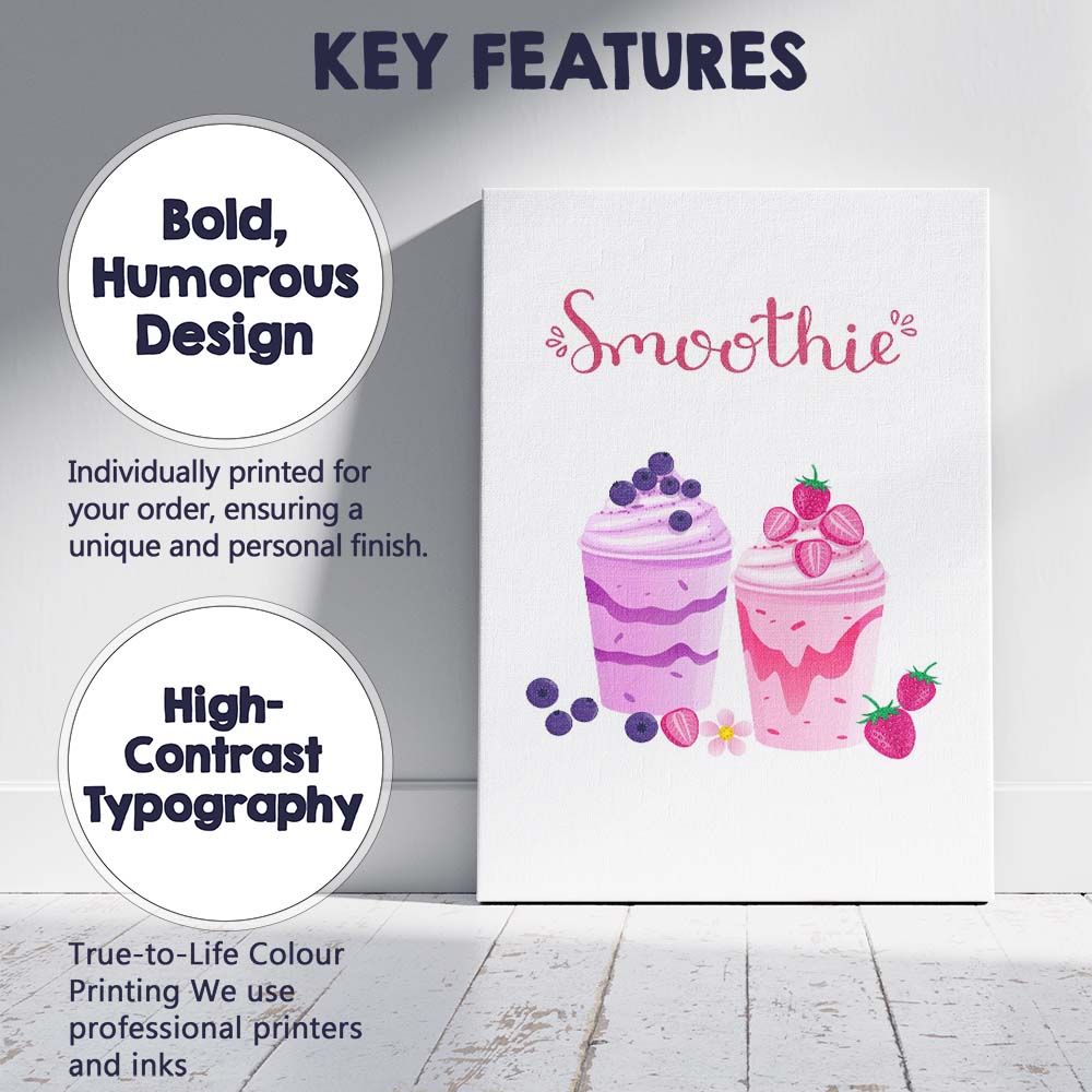Blueberry Strawberry Smoothie Drinks Cute Kitchen Illustration Canvas Wall Art Print Decor Picture Ready to Hang