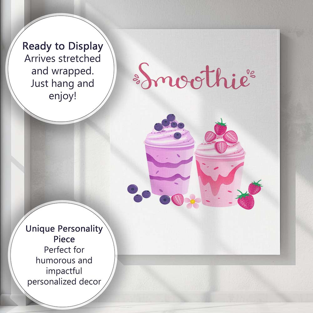 Blueberry Strawberry Smoothie Drinks Cute Kitchen Illustration Canvas Wall Art Print Decor Picture Ready to Hang