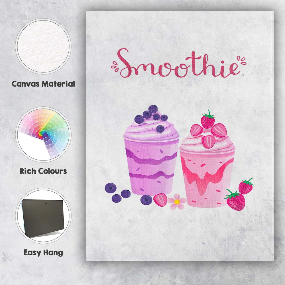 Blueberry Strawberry Smoothie Drinks Cute Kitchen Illustration Canvas Wall Art Print Decor Picture Ready to Hang