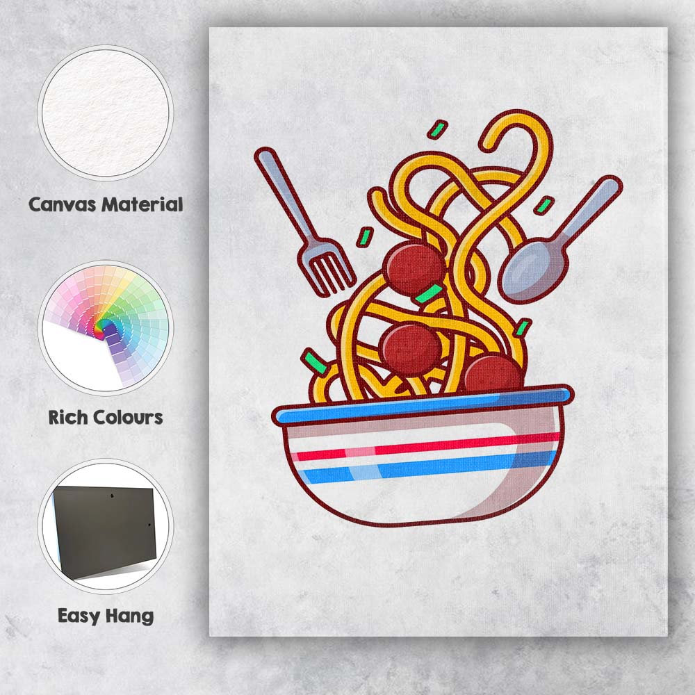 Cute Spaghetti Meatballs Pasta Bowl Cartoon Illustration Canvas Wall Art Print Decor Picture Ready to Hang