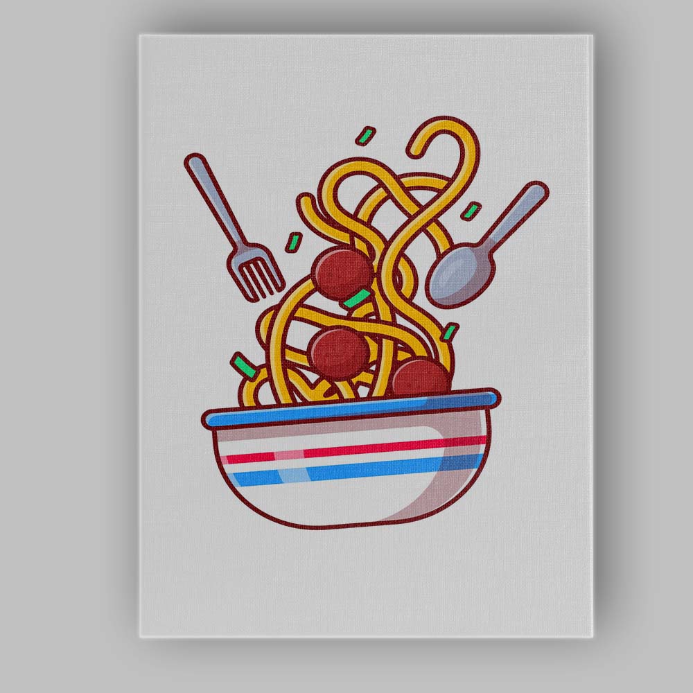Cute Spaghetti Meatballs Pasta Bowl Cartoon Illustration Canvas Wall Art Print Decor Picture Ready to Hang