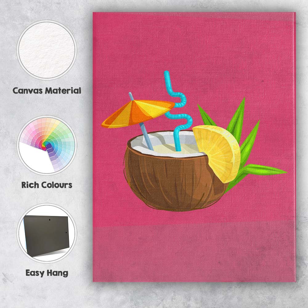 Tropical Coconut Cocktail Summer Drink Illustration Canvas Wall Art Print Decor Picture Ready to Hang