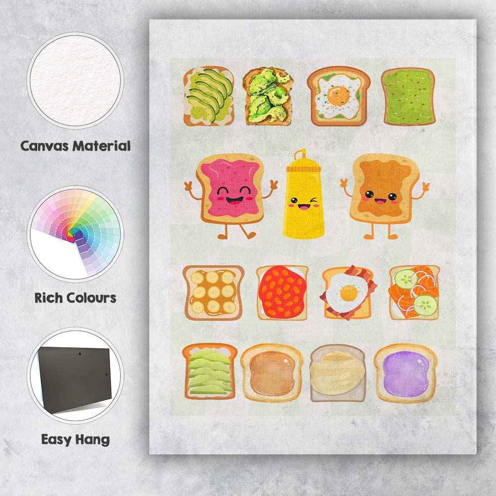 Cute Breakfast Toast Toppings Food Collection Illustration Canvas Wall Art Print Decor Picture Ready to Hang