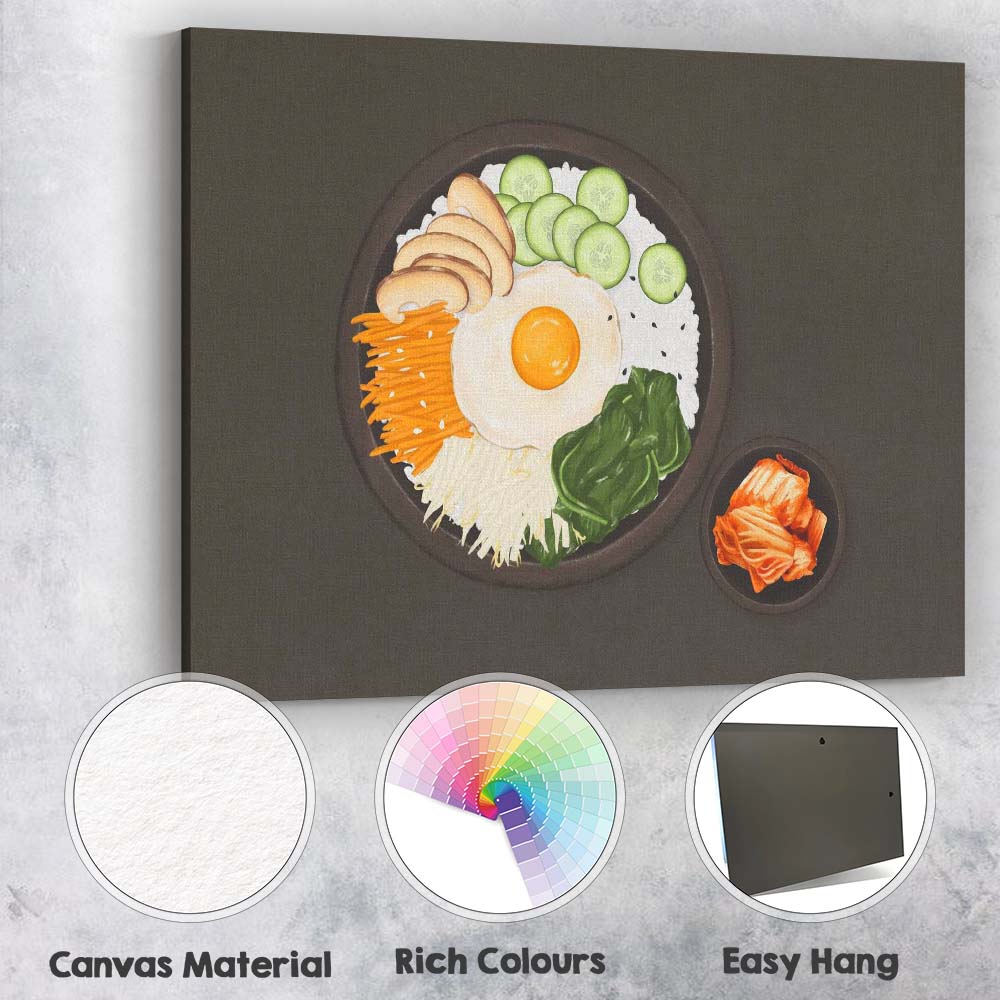Korean Bibimbap Rice Bowl Watercolour Food Illustration Canvas Wall Art Print Decor Picture Ready to Hang