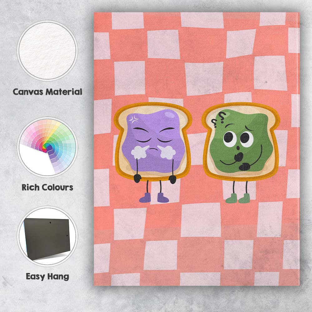 Cute Jam Toast Characters Cartoon Kitchen Illustration Canvas Wall Art Print Decor Picture Ready to Hang