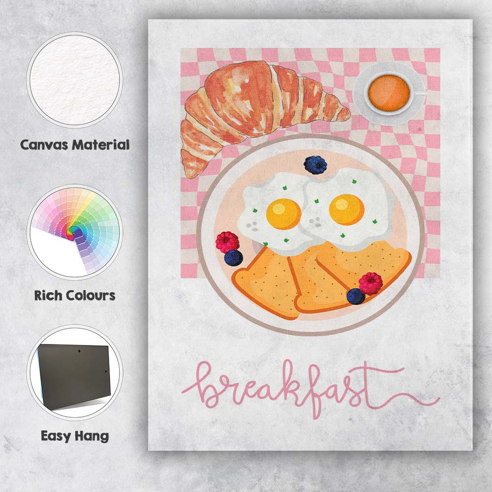 Classic Fried Eggs Toast Croissant Breakfast Illustration Canvas Wall Art Print Decor Picture Ready to Hang