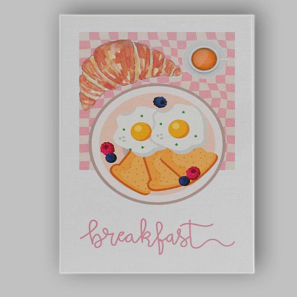 Classic Fried Eggs Toast Croissant Breakfast Illustration Canvas Wall Art Print Decor Picture Ready to Hang