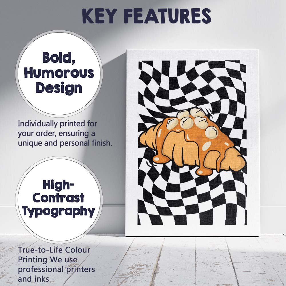 Sweet Glazed Croissant Black White Checkerboard Bakery Illustration Canvas Wall Art Print Decor Picture Ready to Hang