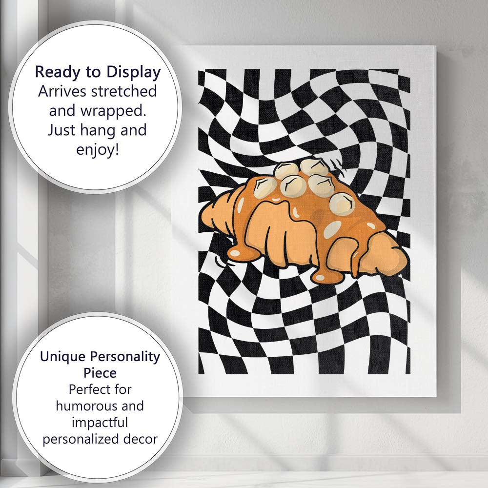 Sweet Glazed Croissant Black White Checkerboard Bakery Illustration Canvas Wall Art Print Decor Picture Ready to Hang