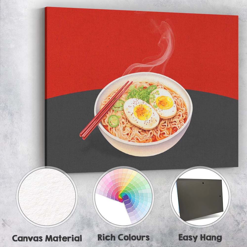 Spicy Ramen Noodle Bowl with Soft Boiled Eggs Illustration Canvas Wall Art Print Decor Picture Ready to Hang