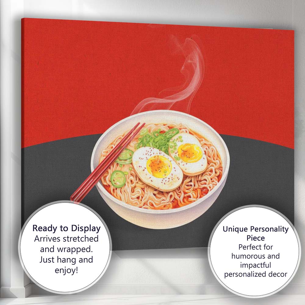 Spicy Ramen Noodle Bowl with Soft Boiled Eggs Illustration Canvas Wall Art Print Decor Picture Ready to Hang