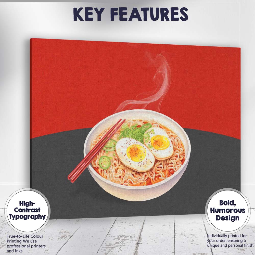 Spicy Ramen Noodle Bowl with Soft Boiled Eggs Illustration Canvas Wall Art Print Decor Picture Ready to Hang