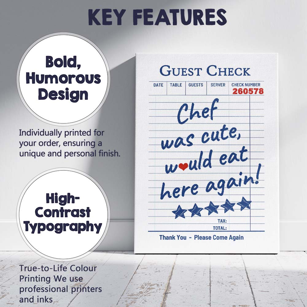 Chef Was Cute Would Eat Here Again Retro Restaurant Receipt Typography Canvas Wall Art Print Decor Picture Ready to Hang