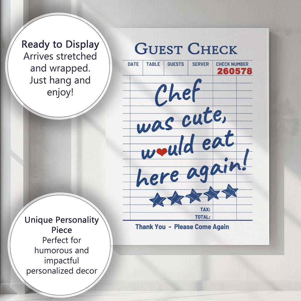 Chef Was Cute Would Eat Here Again Retro Restaurant Receipt Typography Canvas Wall Art Print Decor Picture Ready to Hang