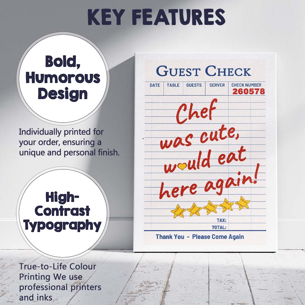 Chef Was Cute Would Eat Here Again Colourful Guest Check Typography Canvas Wall Art Print Decor Picture Ready to Hang