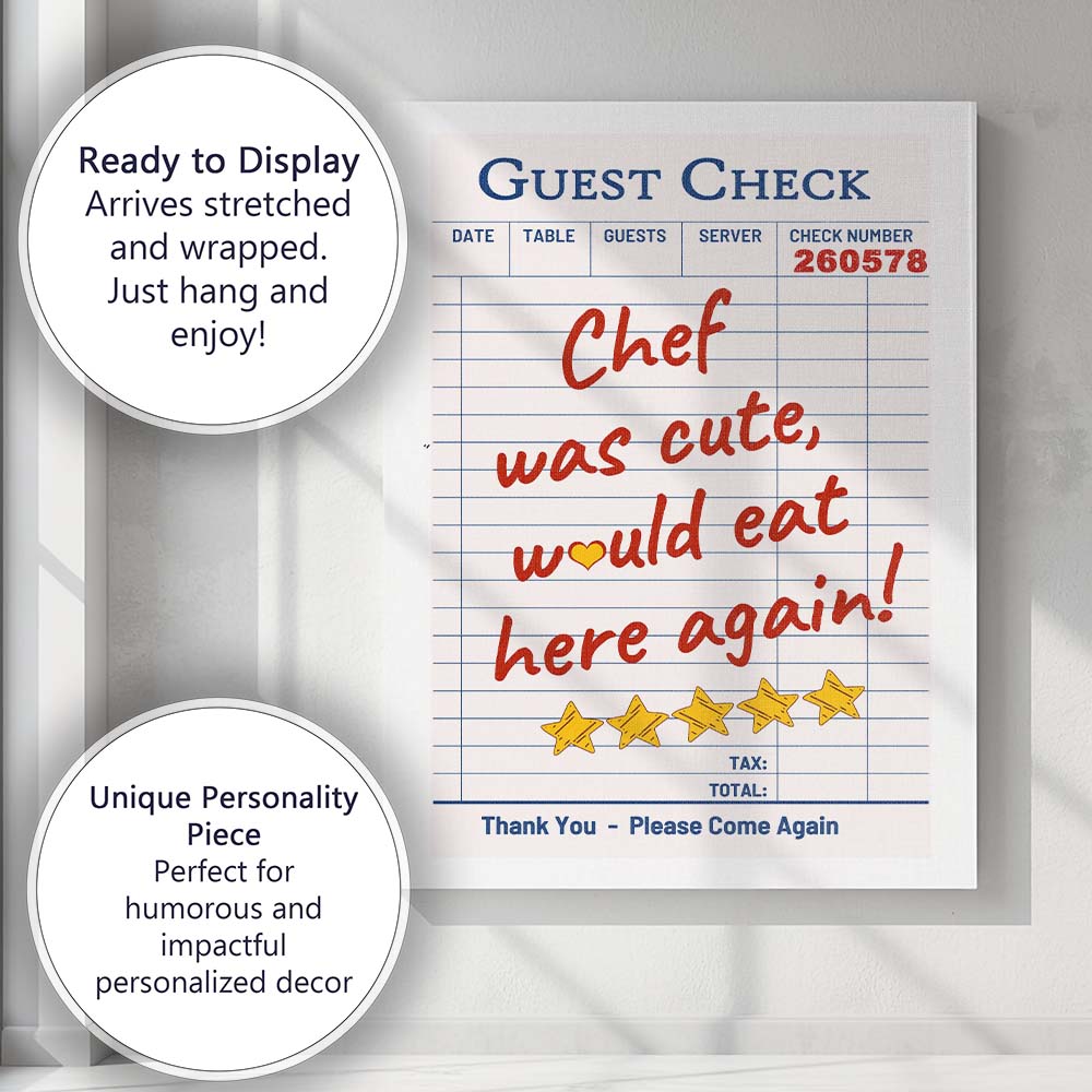 Chef Was Cute Would Eat Here Again Colourful Guest Check Typography Canvas Wall Art Print Decor Picture Ready to Hang