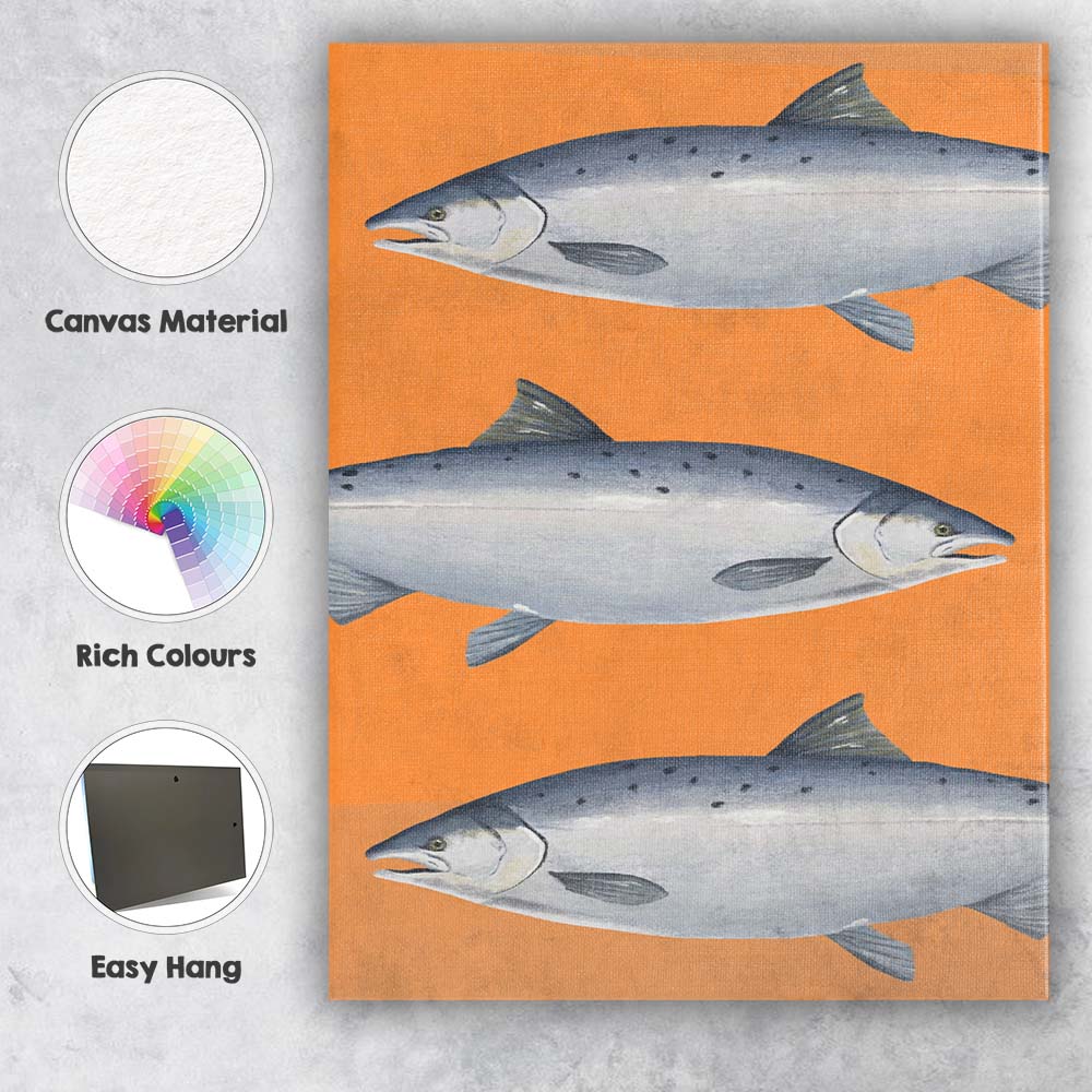 Orange Salmon Fish Repeat Pattern Watercolour Canvas Wall Art Print Decor Picture Ready to Hang