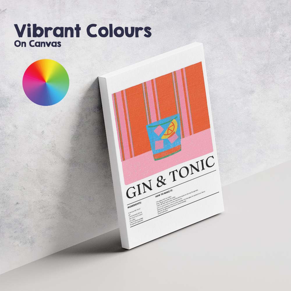 Retro Gin and Tonic Cocktail Recipe Illustration Canvas Wall Art Print Decor Picture Ready to Hang