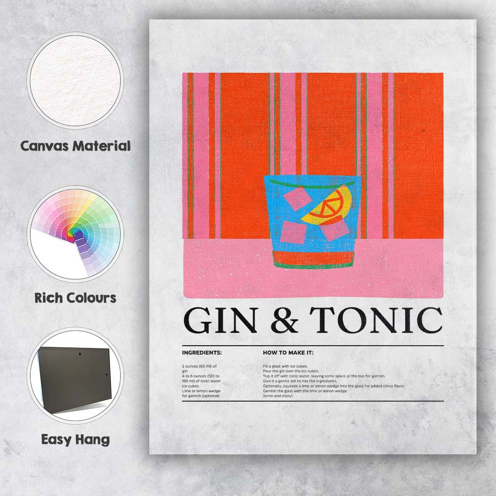 Retro Gin and Tonic Cocktail Recipe Illustration Canvas Wall Art Print Decor Picture Ready to Hang