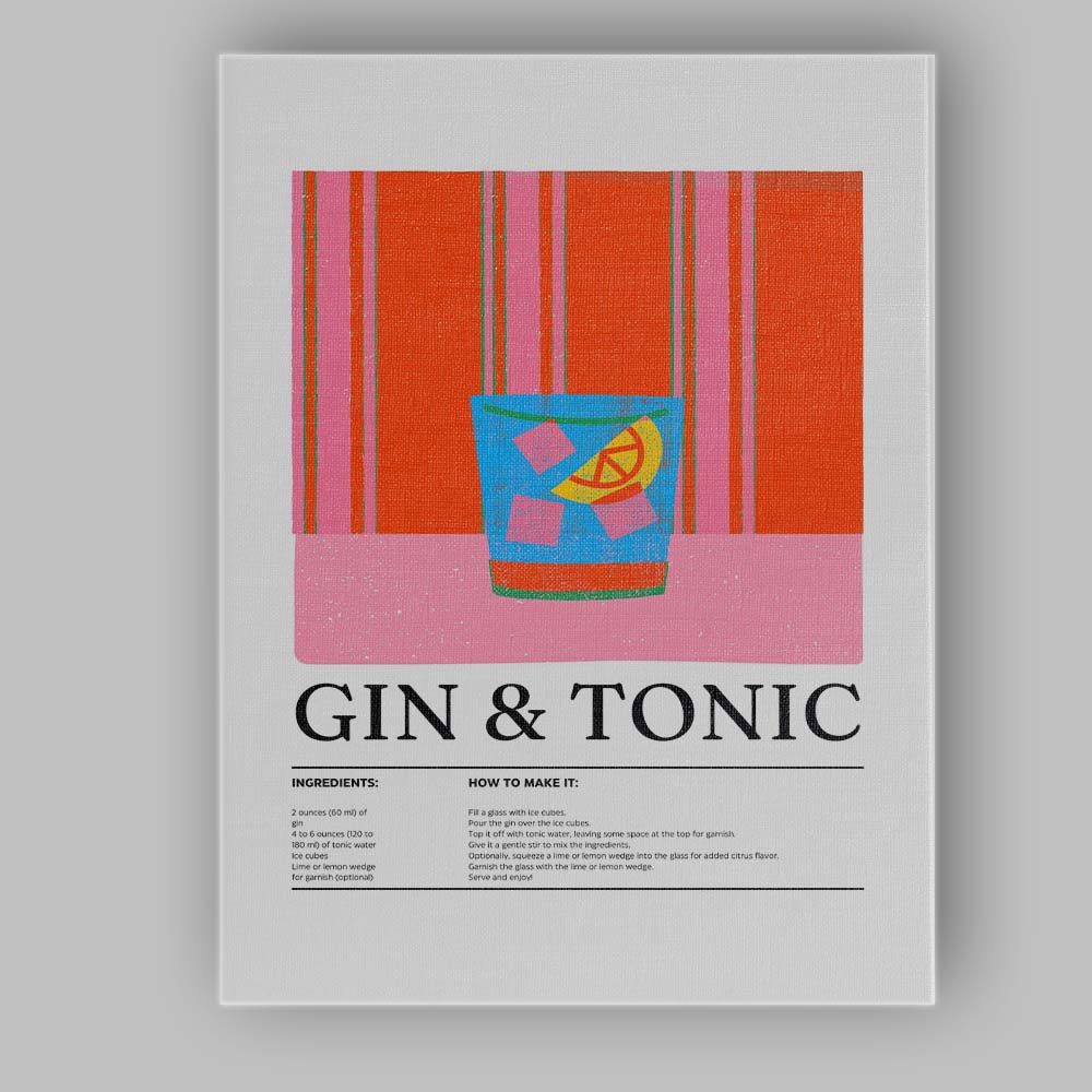 Retro Gin and Tonic Cocktail Recipe Illustration Canvas Wall Art Print Decor Picture Ready to Hang