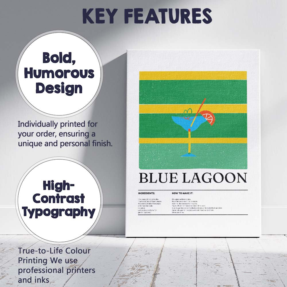 Blue Lagoon Cocktail Recipe Retro Bar Illustration Canvas Wall Art Print Decor Picture Ready to Hang