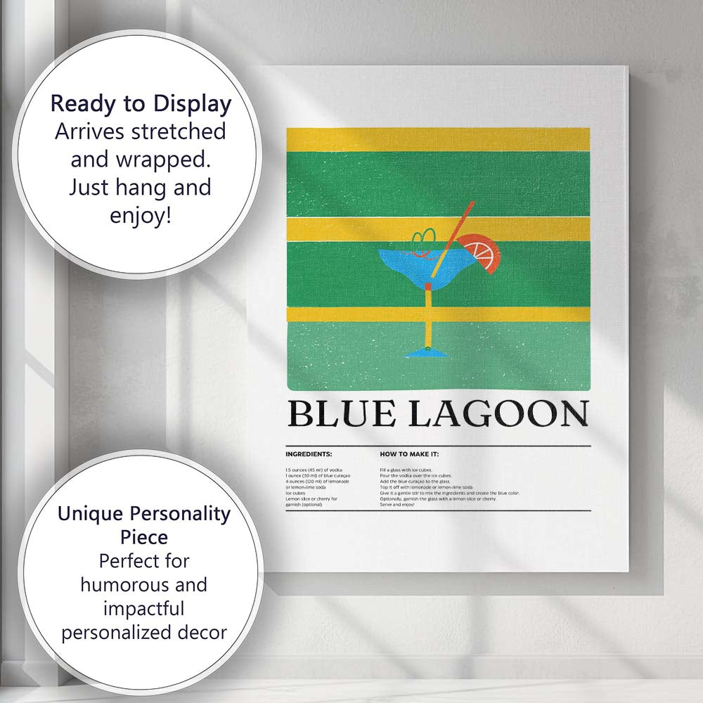 Blue Lagoon Cocktail Recipe Retro Bar Illustration Canvas Wall Art Print Decor Picture Ready to Hang