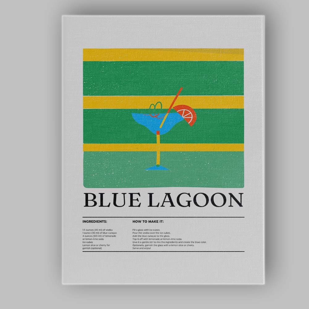 Blue Lagoon Cocktail Recipe Retro Bar Illustration Canvas Wall Art Print Decor Picture Ready to Hang